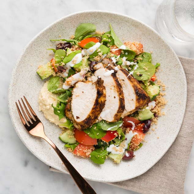 Oregano Rubbed Chicken with Greek Salad, Hummus and Feta