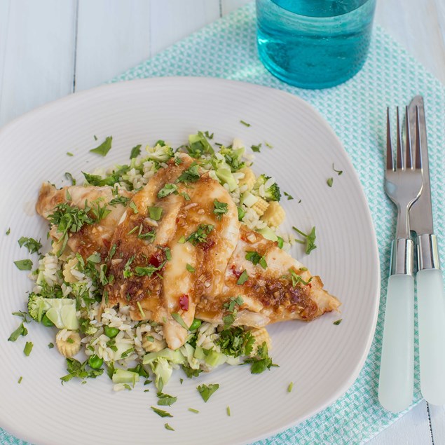 Sweet Chilli and Star Anise Fish with Baby Corn and Broccoli Rice