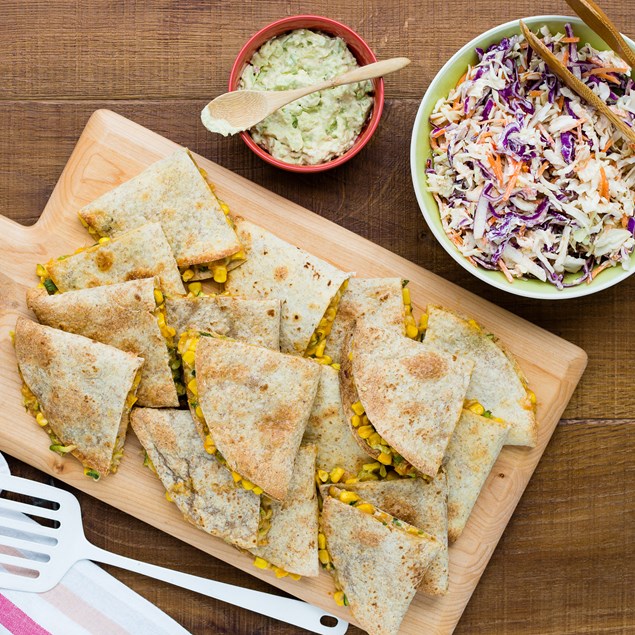 Corn and Cheese Quesadillas with Avo Smash and Mexican Slaw