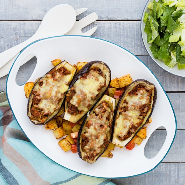 Stuffed Eggplant with Tomato Roasted Potatoes