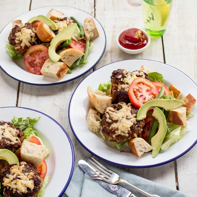 Cheese Burger Salad with Ciabatta Crouton and Gherkin Dressing