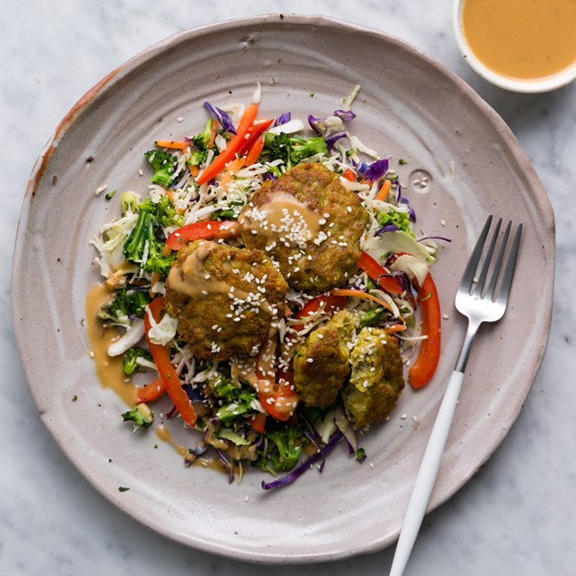 Vietnamese Chicken Patties with Broccoslaw and Peanut Dressing