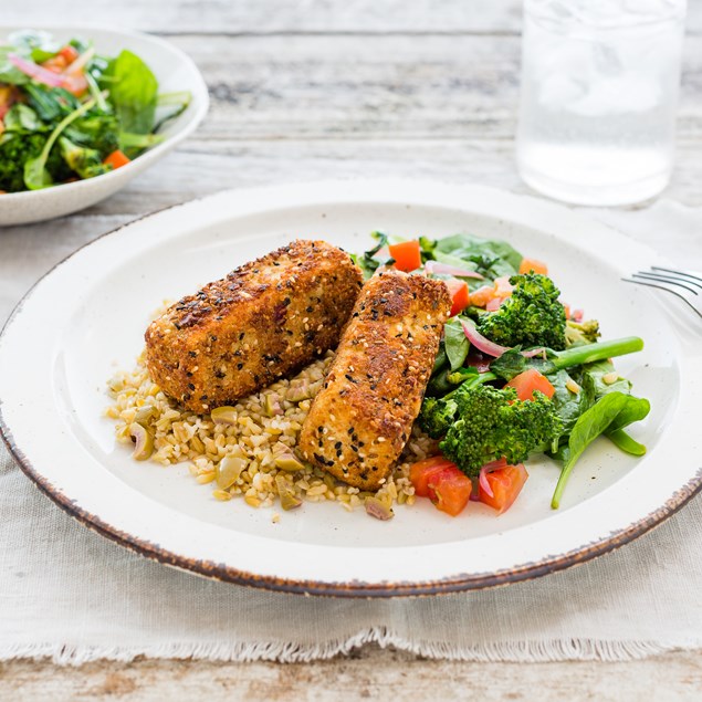 Hazelnut Crusted Tofu with Tomato Sautéed Broccoli and Olive Freekeh