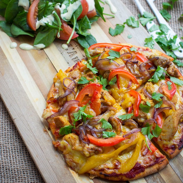 Spiced Chicken and Mango Pizzas with Salad and Curry Mayo