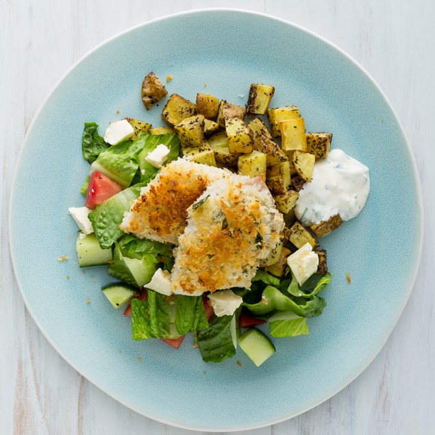 Oregano-Crumbed Fish with Greek Salad