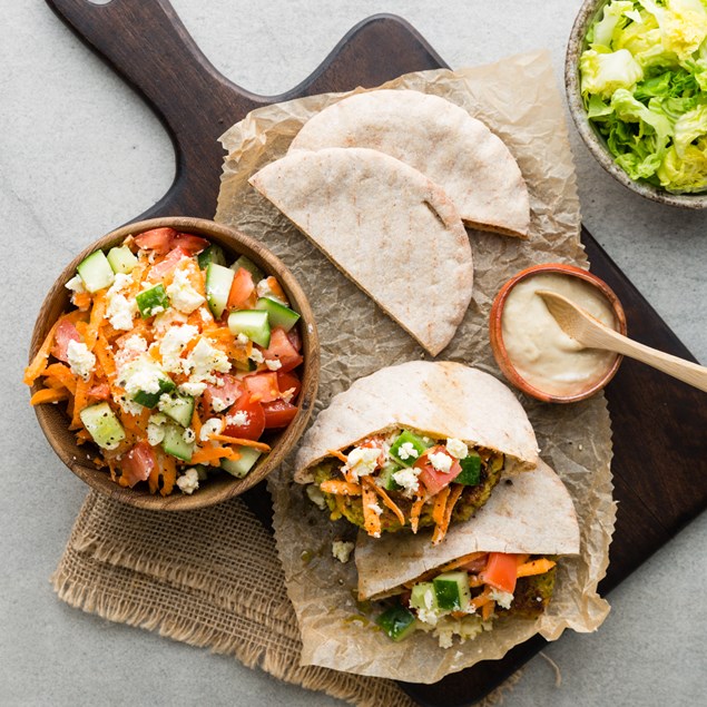 Falafel Pita Pockets with Feta Salad and Hummonaise