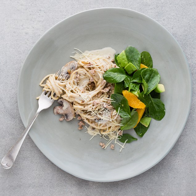 Chicken and Bacon Carbonara with Spinach Salad