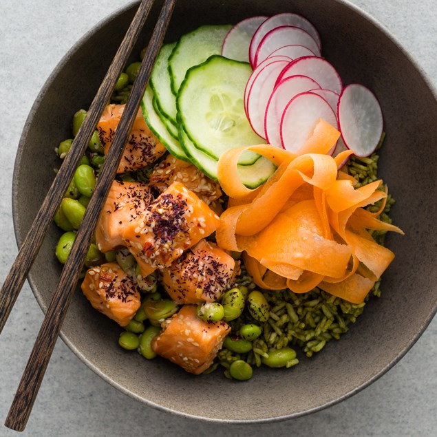 Salmon Poke Bowl with Matcha Rice and Grapefruit Tamari