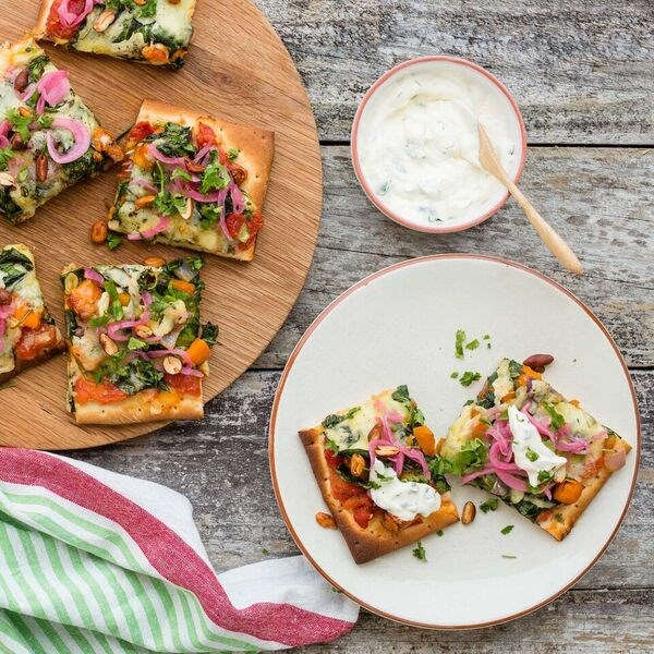 Roasted Pumpkin and Spinach Pizza with Pink Pickles and Mexican Peanuts