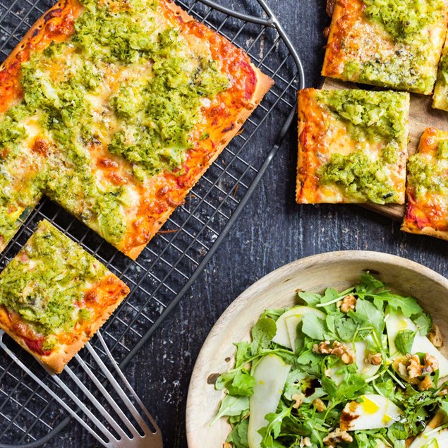 Broccoli and Blue Cheese Pizzas with Rocket and Pear Salad