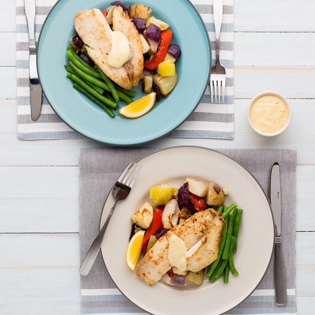 Pan-Fried Fish with Roast Vegetables, Asparagus and Hollandaise