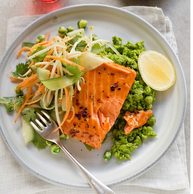 Honey Soy-Glazed Salmon with Wasabi Smashed Peas and Crunchy Salad