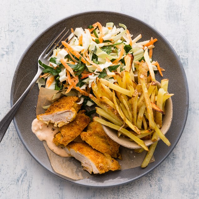 Polenta Crusted Chicken with Skinny Garlic Fries