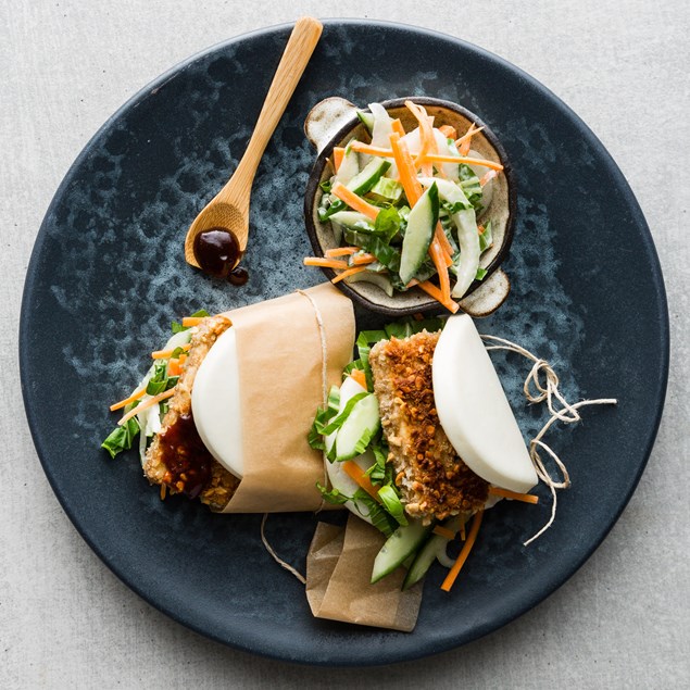 Sesame Tofu Bao Burgers with Hoisin and Asian Slaw