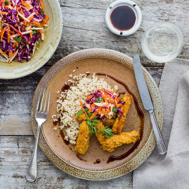 Karaage-Style Chicken with Brown Rice and Japanese Sesame Slaw