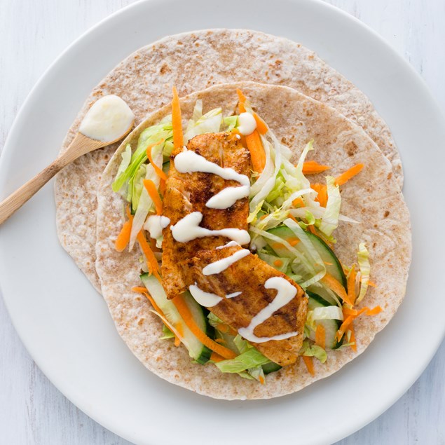 Cajun Blackened Fish Wraps with Mango Yoghurt and Shredded Salad