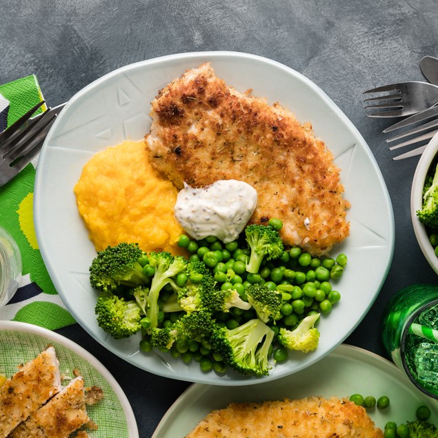 Crumbed Chicken Schnitzel with Smashed Pumpkin