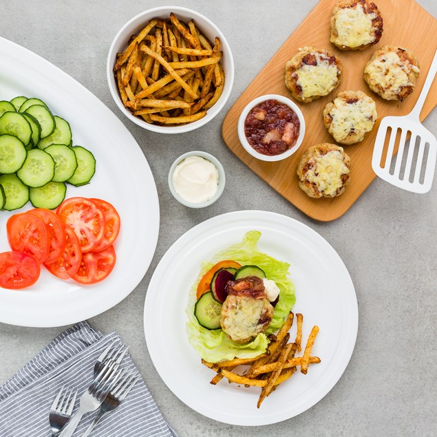 Naked Turkey Burgers with Chutney and Hand-Cut Chips