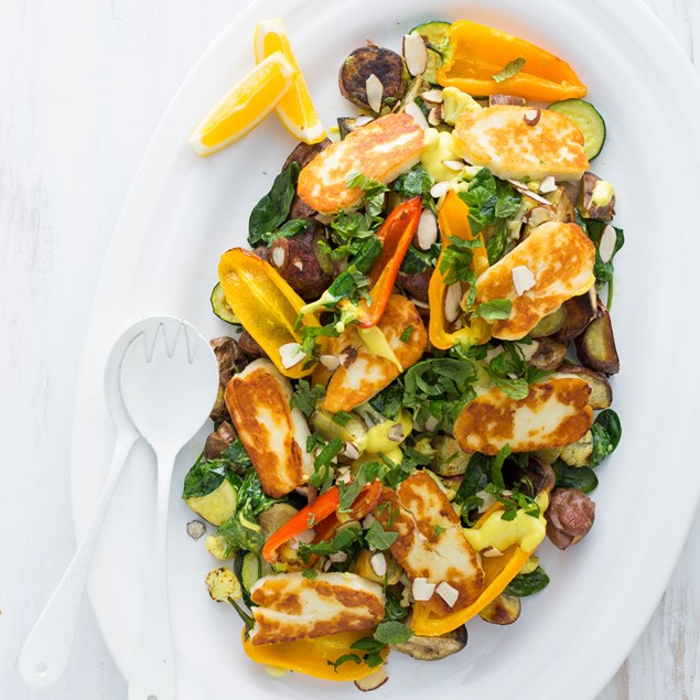 Halloumi, Kumara and Cauliflower Tray Bake with Curried Dressing