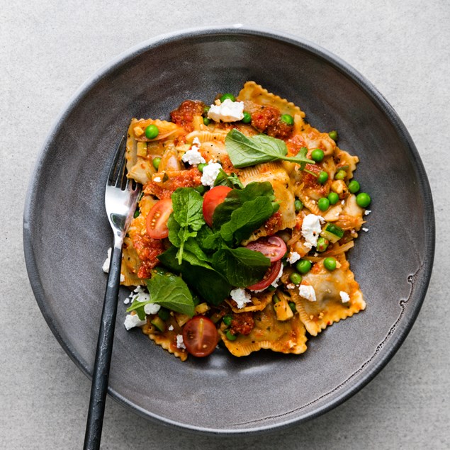Leek and Walnut Raviolini with Red Pepper Pesto and Upland Cress Salad