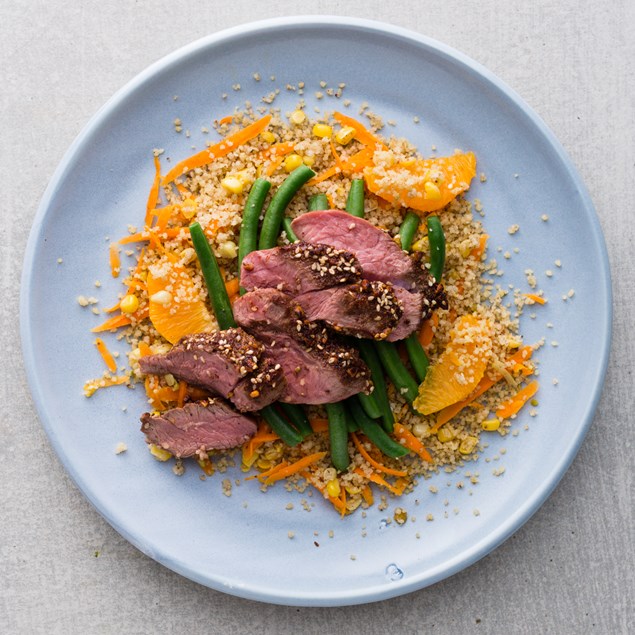 Sumac Pistachio Lamb with Couscous and Date Dressing