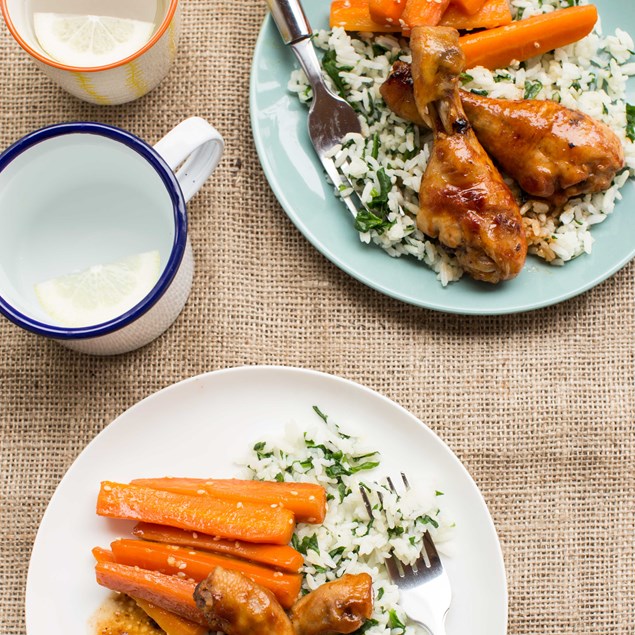 Sticky Chicken Drums with Spinach Rice and Honey Soy Carrots