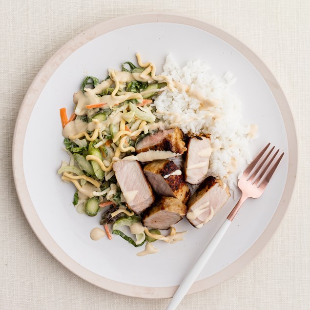 Coconut Pork Sirloin with Crunchy Slaw and Rice