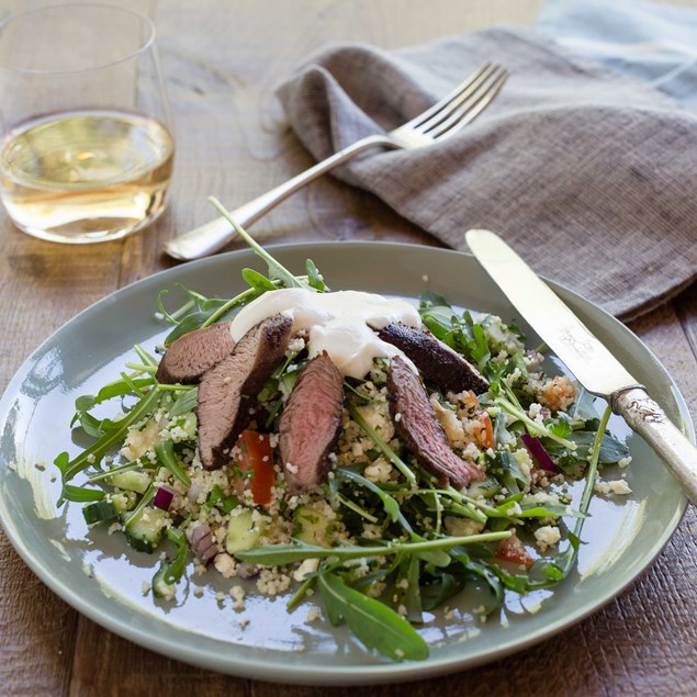 Lamb and Minted Couscous Tabbouleh with Tahini Yoghurt Dressing