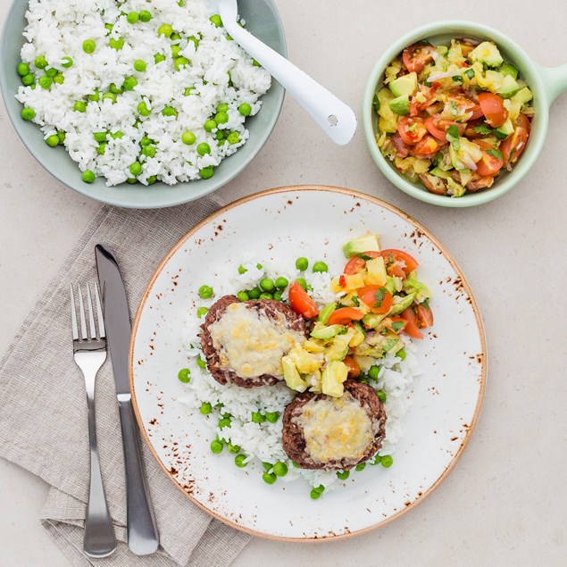 Mexican Patties with Pineapple Avocado Salsa and Pea Rice