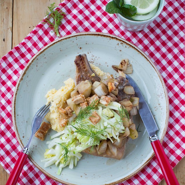 Pork Chops with Parmesan Polenta, Crackling and Fennel Apple Slaw