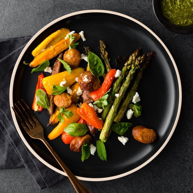 Chorizo & Charred Baby Capsicum Salad with Rocket Walnut Pesto and Chevre