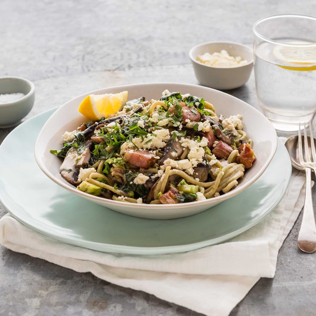 Bacon, Mushroom, Broccoli and Spinach Spaghetti