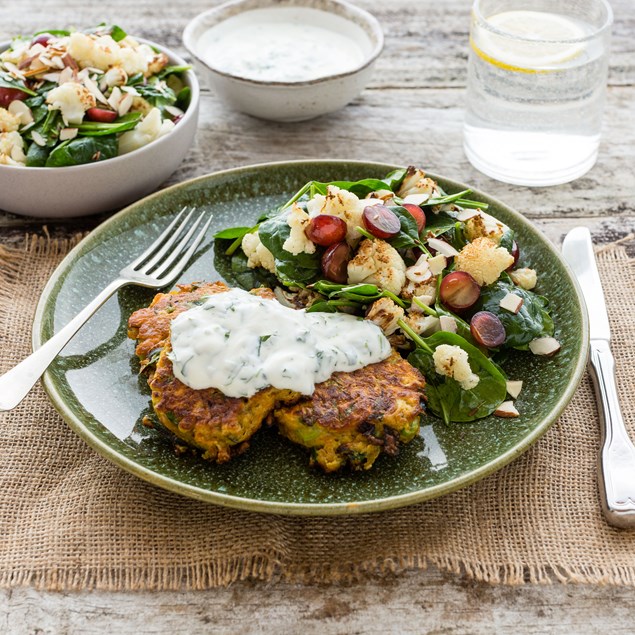 Curried Carrot Fritters with Roasted Cauliflower Salad and Coriander Yoghurt