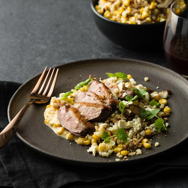 Duck Breast with Sweetcorn Puree, Macadamia and Lime