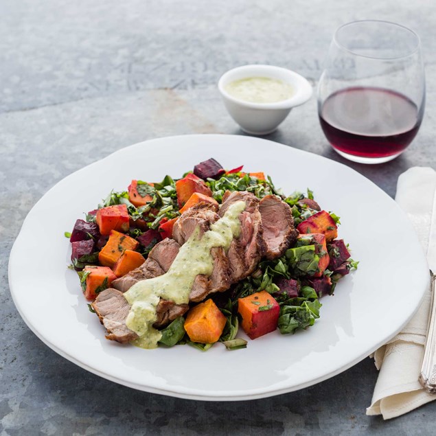 Spiced Lamb, Roast Kumara and Beet Salad with Chimichurri Sauce 