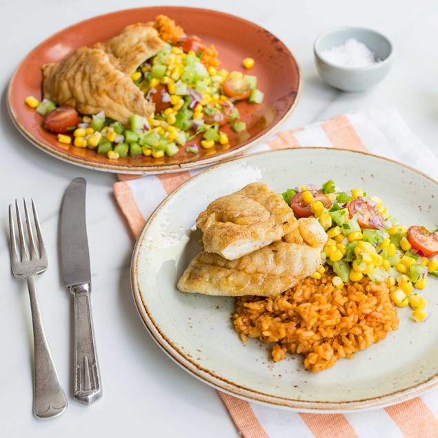 Pan-Fried Fish with Mexican Rice and Salsa