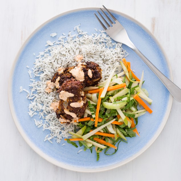 Harissa Beef Kofta with Lemon Poppy Seed Rice