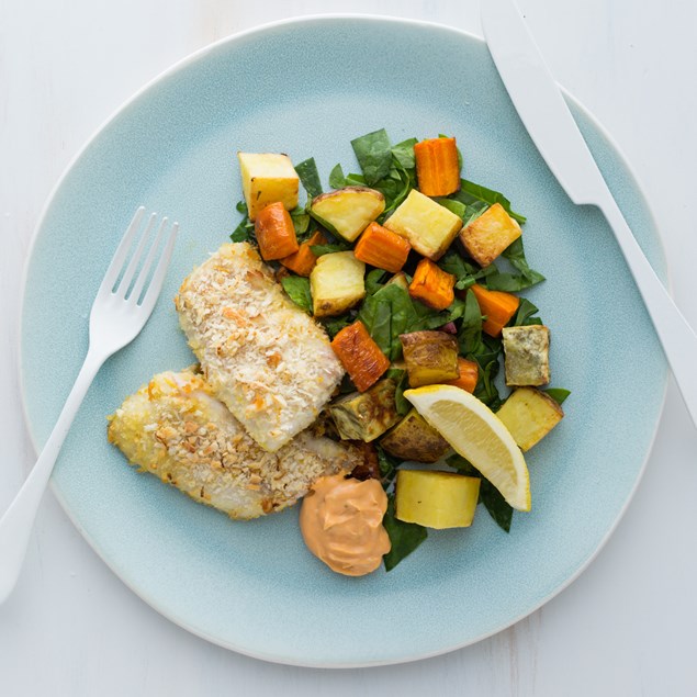 Cashew Lemon-Crumbed Fish with Tomato Pesto Mayonnaise