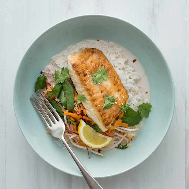 Pan-Fried Fish with Thai-Style Salad and Coconut Sauce