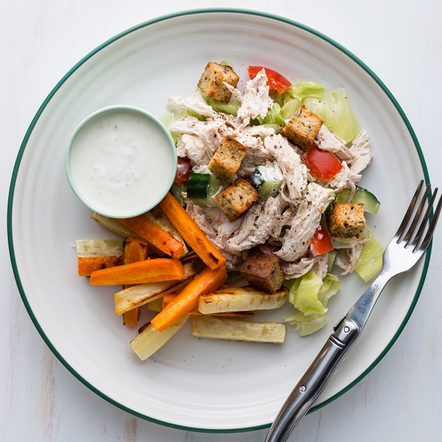 Poached Chicken Salad with Seeded Croutons and Veggie Chips