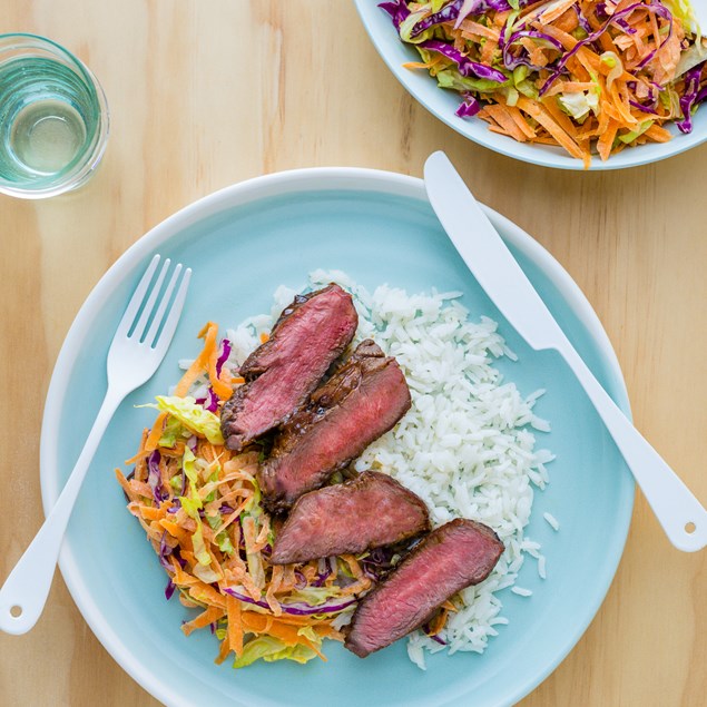 FIVE SPICE LAMB WITH SESAME SLAW AND RICE