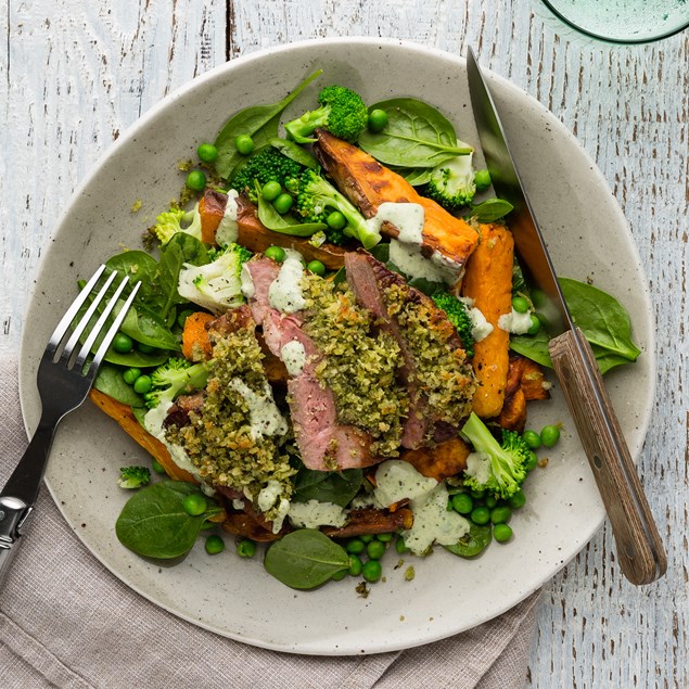 Mint Pesto Crusted Lamb with Kumara