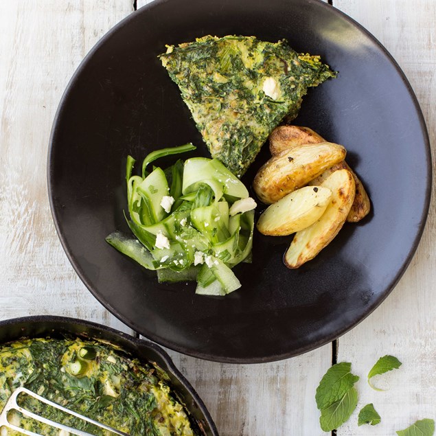 Super Green Frittata with Cucumber Salad and Baby Roasties