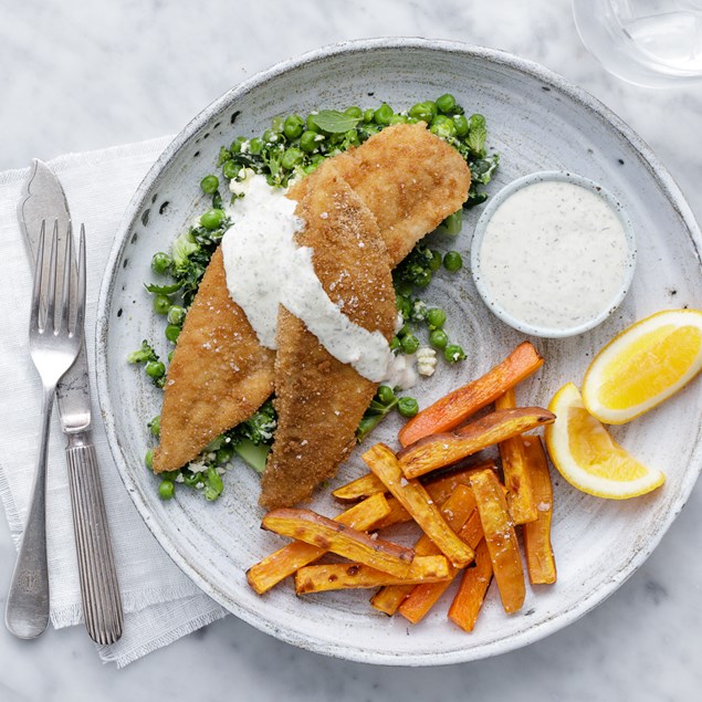 CRUMBED FISH WITH KUMARA CHIPS AND PEA-FETA CRUSH