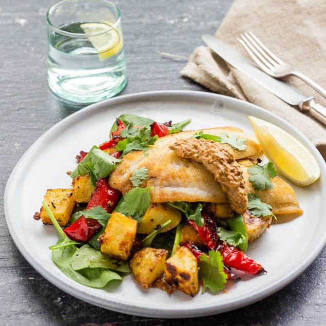 Pan-Fried Fish, Tunisian Tabil Roast Potatoes and Capsicum with Eggplant Relish