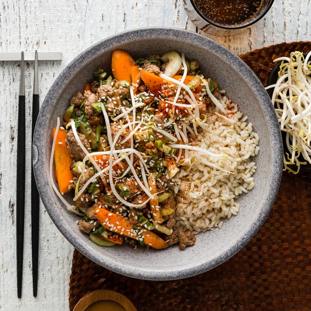 Korean Beef Bowl with Sesame Rice & Korean Chilli Flakes