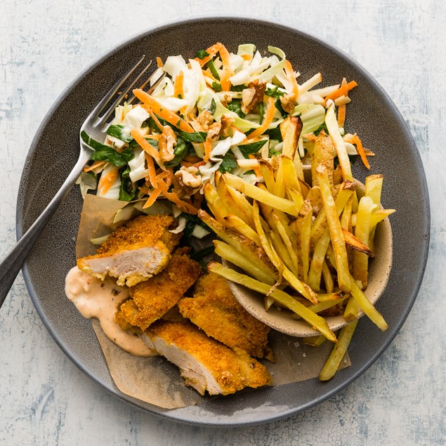 Polenta Crusted Chicken with Skinny Garlic Fries