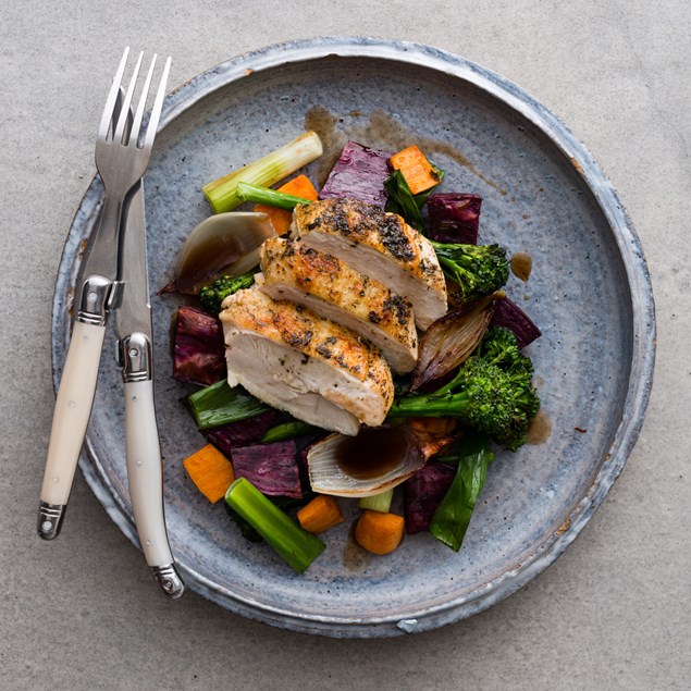 Kawakawa Rubbed Chicken with Maori Potatoes and Broccolini