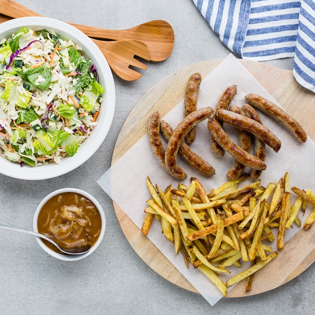 Chicken and Bacon Sausages with Chips and Onion Gravy