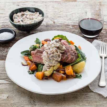 Eye Fillet with Mushroom Sauce and Roasted Winter Vegetables